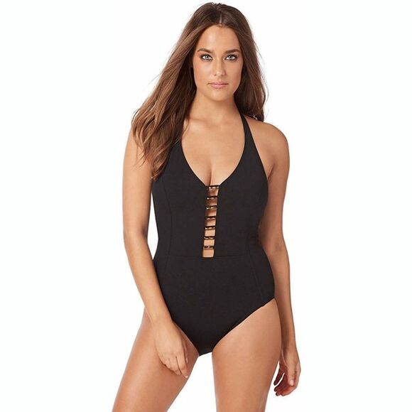 New! AMORESSA MIRACLESUIT Halter Black Women's One-Piece Swimsuit Bathing Suit - Picture 1 of 6